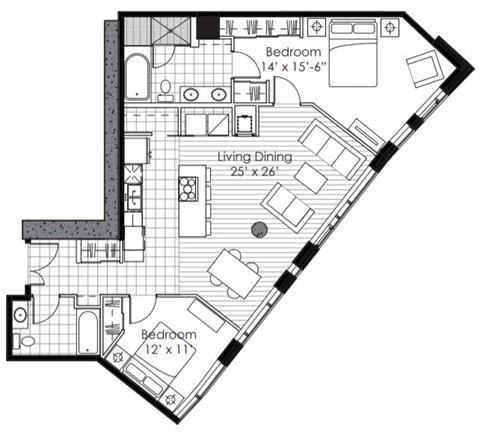 Floor plan for 2 beds, 2 baths, 1141 sqft